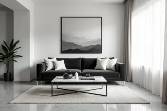 Salon moderne noir et blanc avec canapé en velours anthracite, table basse en marbre et tapis bouclé blanc sur sol en béton poli