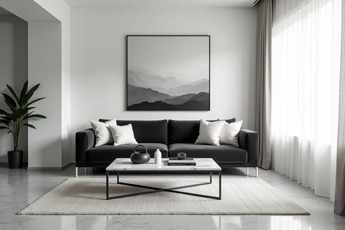 Salon moderne noir et blanc avec canapé en velours anthracite, table basse en marbre et tapis bouclé blanc sur sol en béton poli