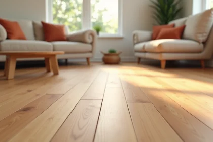 Salon chaleureux avec parquet massif en pin aux tons ambrés et mobilier en bois naturel