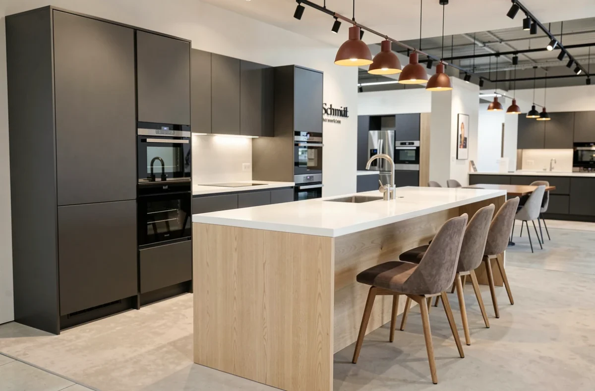 Cuisine Schmidt exposée dans le showroom de Toulouse avec îlot en chêne et façades anthracite