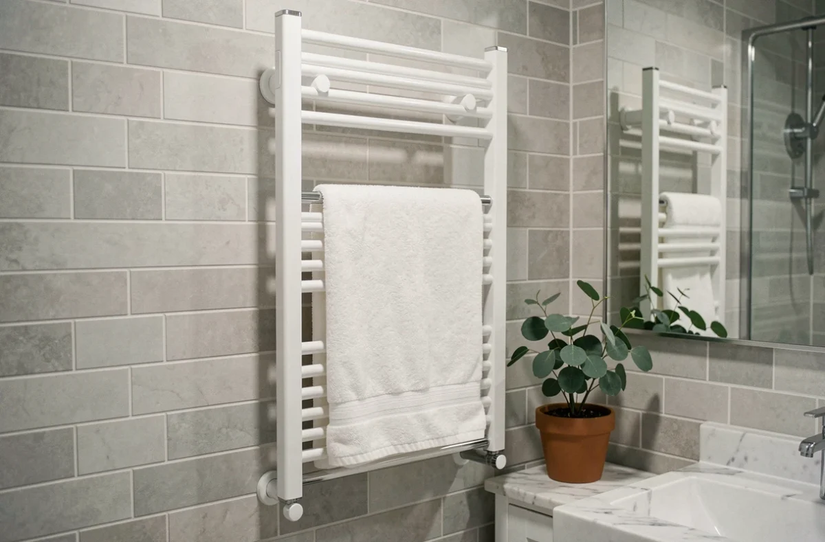 Sèche-serviette électrique vertical blanc fixé sur carrelage gris dans une salle de bain compacte optimisée