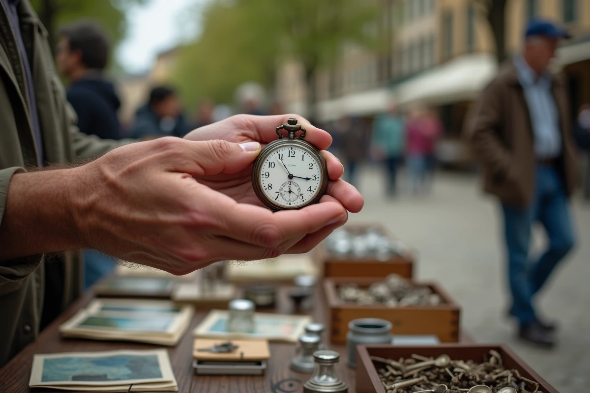 Gros plan sur des mains tenant une montre de gousset ancienne sur un stand de vide grenier