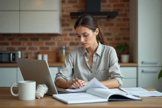 Femme gérant son budget de rénovation avec un carnet de suivi et un ordinateur portable sur une table en bois dans une cuisine rénovée