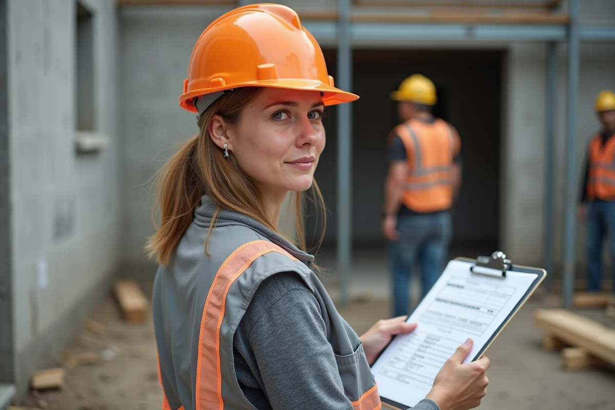 Cheffe de chantier supervisant le suivi de travaux sur un site de construction résidentiel