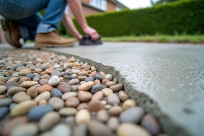 Surface de béton désactivé avec granulats apparents sur une allée de maison individuelle, texture détaillée des galets et pierres incrustées dans le ciment gris