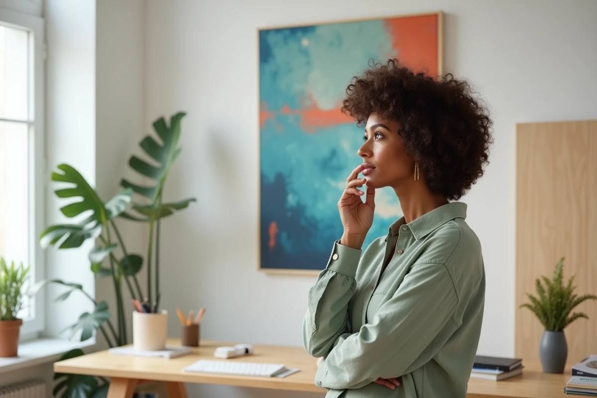 Femme créative admirant un grand tableau coloré abstrait dans un bureau moderne décoré avec soin