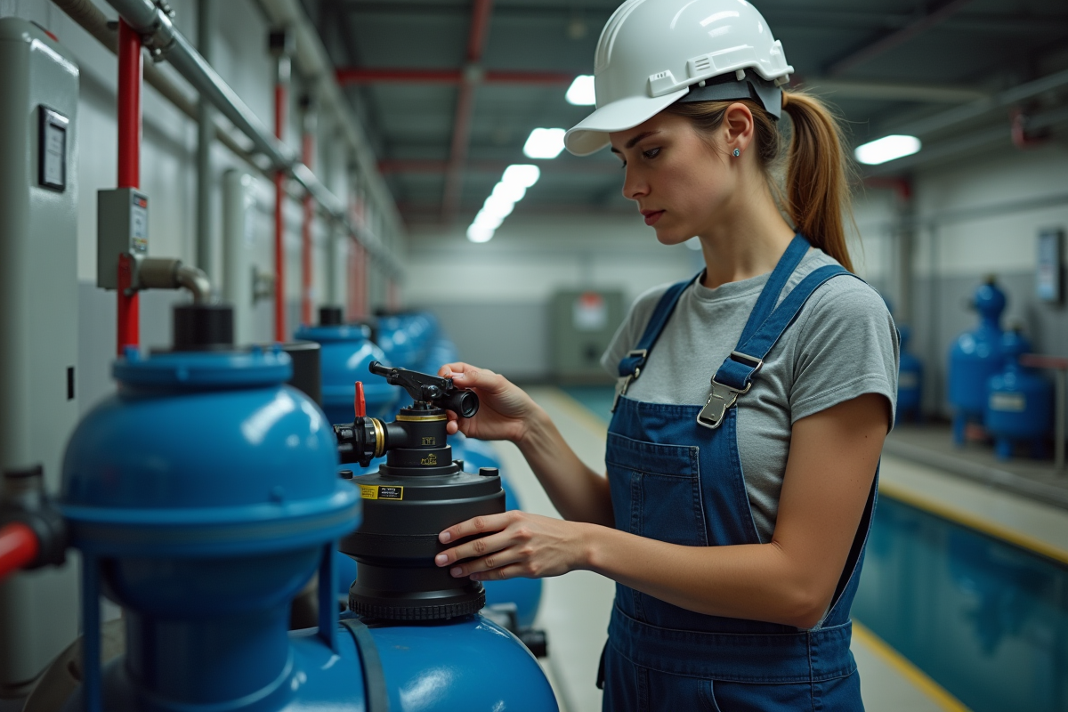 Technicienne examinant un filtre de piscine dans un local technique