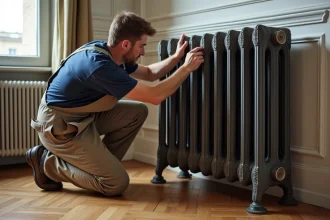 Technicien en overalls installant un radiateur ancien à Paris