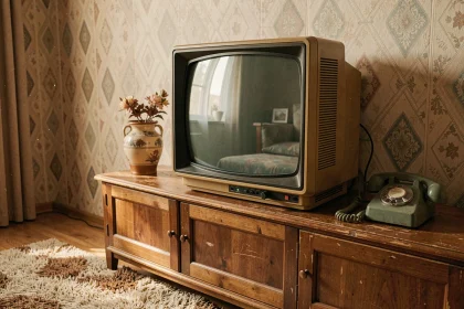 Téléviseur CRT vintage des années 70 posé sur un buffet en bois dans un salon rétro avec décoration d'époque