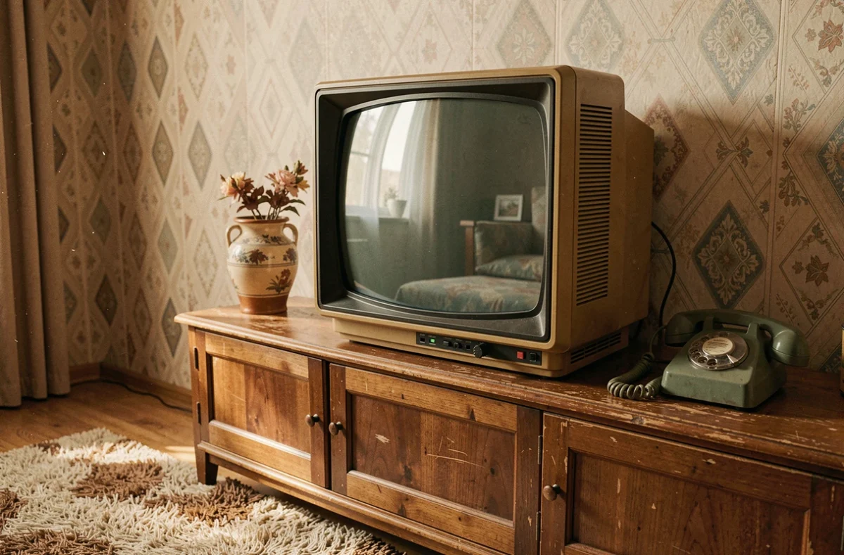 Téléviseur CRT vintage des années 70 posé sur un buffet en bois dans un salon rétro avec décoration d'époque