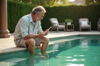Homme d'âge moyen testant l'eau d'une piscine verte dans un jardin