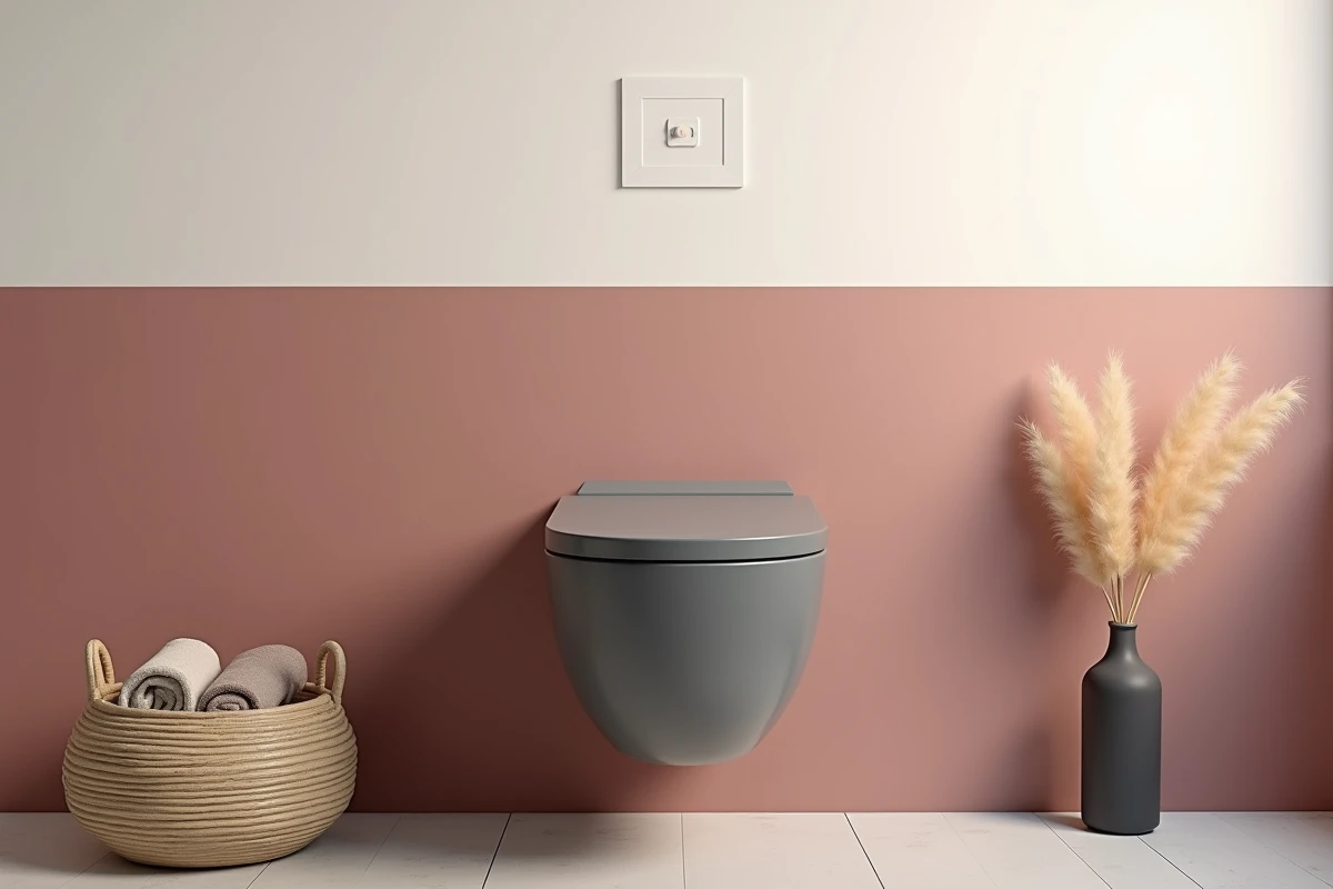 Toilette suspendu dans salle de bain bicolore rose argile et blanc cassé avec panneau anthracite et décoration naturelle en rotin et pampa