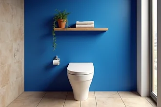 Toilette suspendu blanc sur mur en peinture minérale bleu cobalt mat avec étagère bois flottante et plante verte dans salle de bain moderne