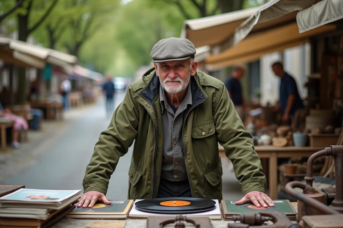 Vendeur âgé derrière son stand de livres et disques vinyles lors d'un vide grenier en Deux-Sèvres