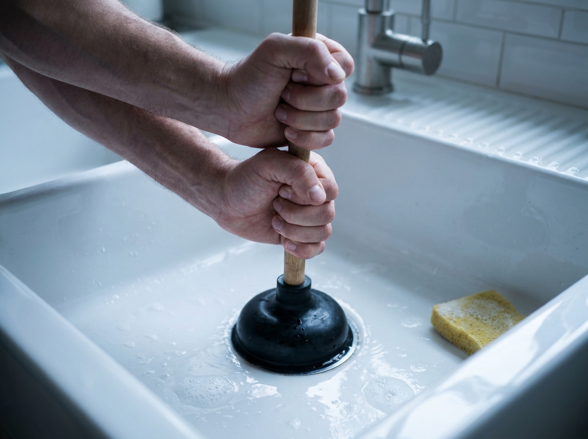 Mains utilisant une ventouse manuelle pour déboucher l'évacuation d'un évier de cuisine plein d'eau