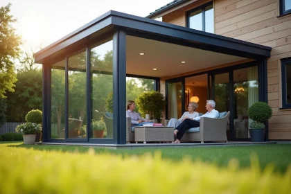 Couple se relaxant dans une véranda moderne en aluminium et verre accolée à une maison de banlieue, vue depuis le jardin en été