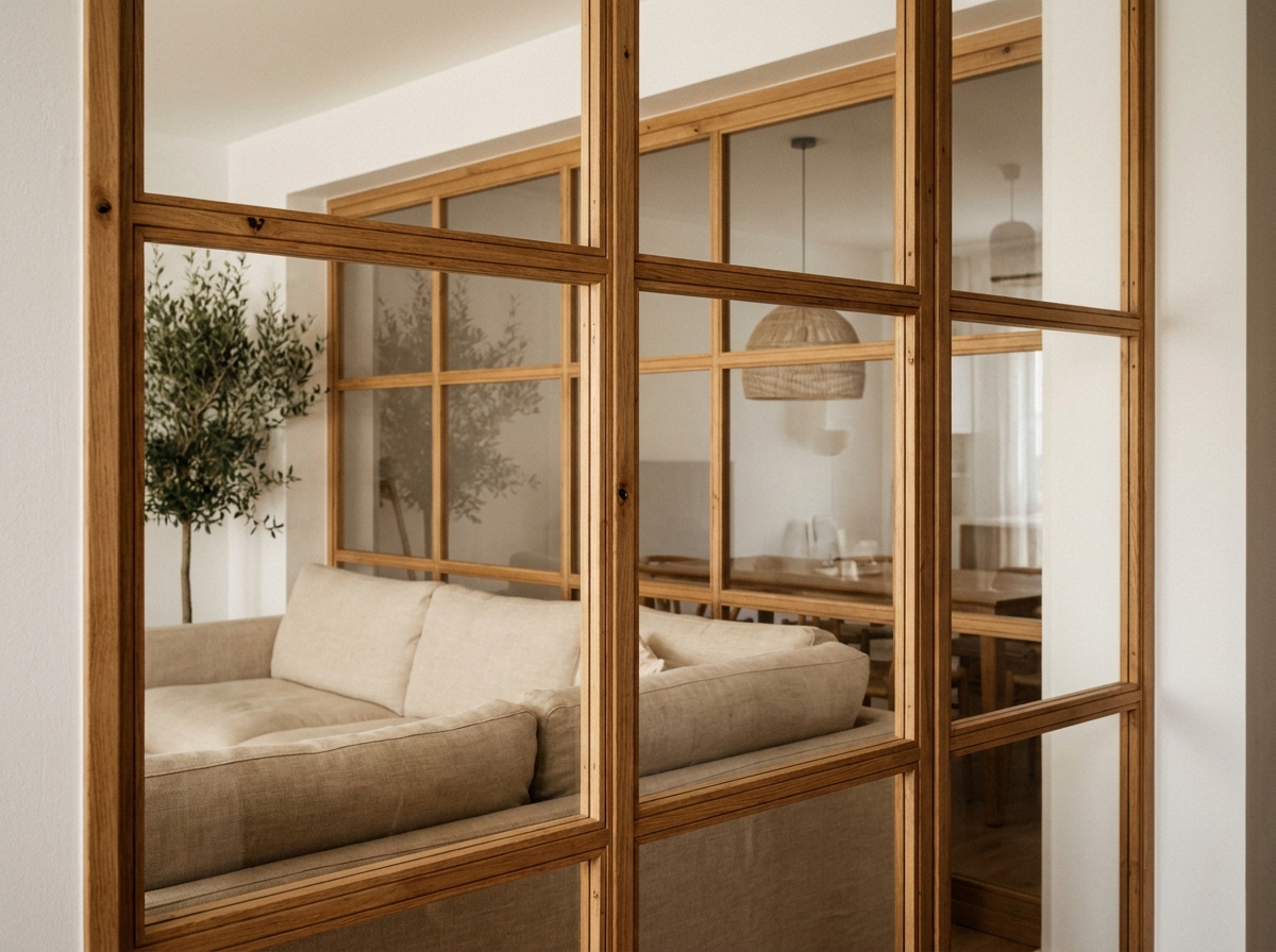 Verrière intérieure en bois chêne séparant salon et salle à manger dans un appartement contemporain