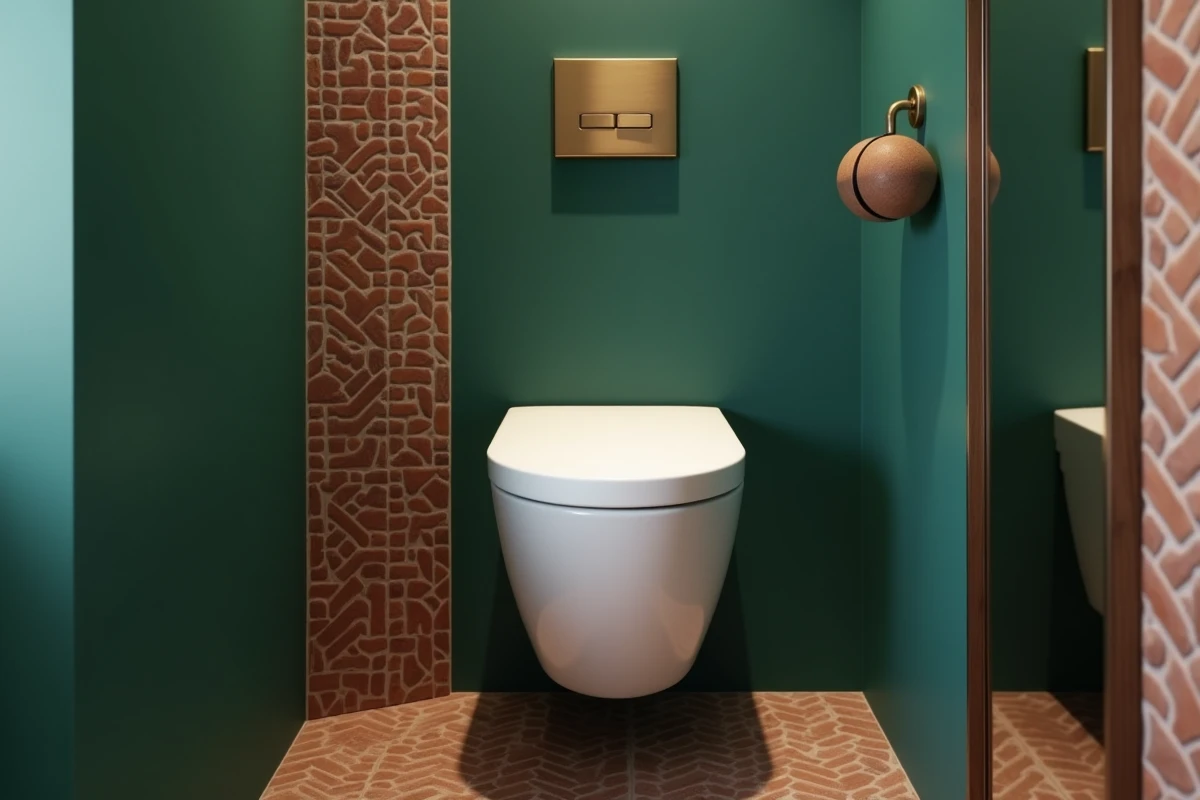 WC suspendu blanc dans niche peinte en vert forêt profond avec plaque de déclenchement laiton brossé et carrelage zellige terracotta