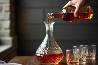 Whisky ambré versé en carafe en cristal sur table en chêne rustique dans un bar à domicile