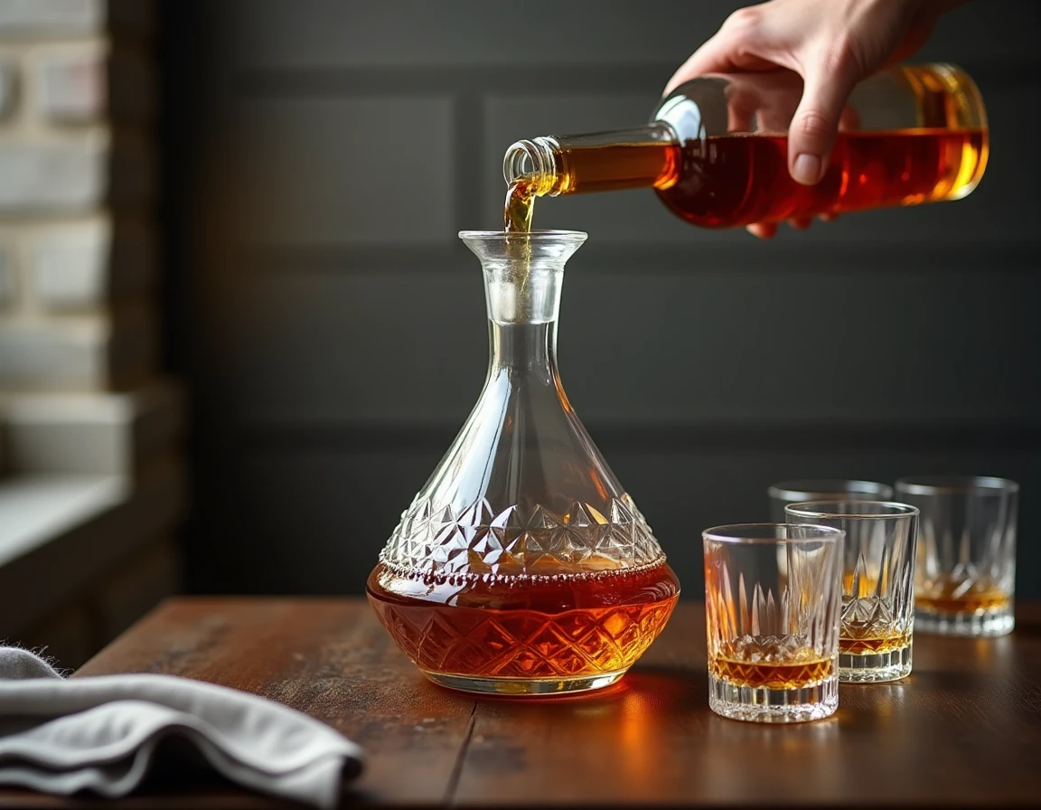 Whisky ambré versé en carafe en cristal sur table en chêne rustique dans un bar à domicile